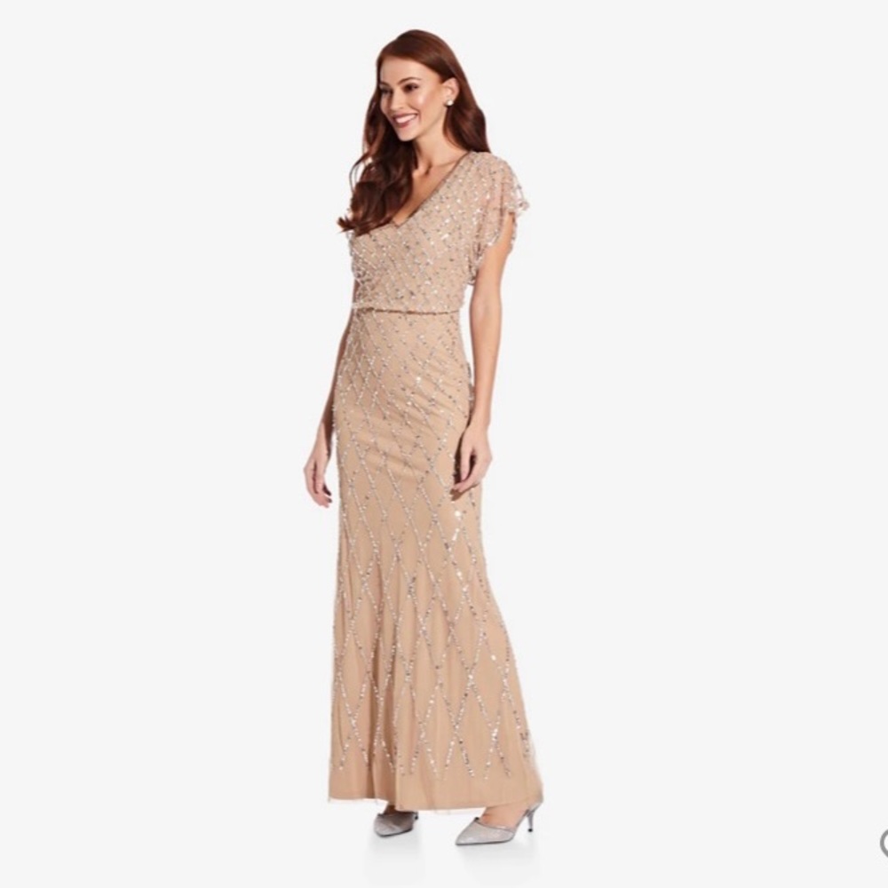 Adrianna Papell Sequin Lattice Dress With Flutter Sleeves in Champagne Silver - Picture 2 of 4